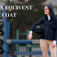 Woman wearing Equine Couture Women EquiVent 4-Snap Button Show Coat in outdoor equestrian setting holding helmet