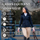 Woman wearing Equine Couture Women EquiVent 4-Snap Button Show Coat with mesh weave and snap button closure outdoors