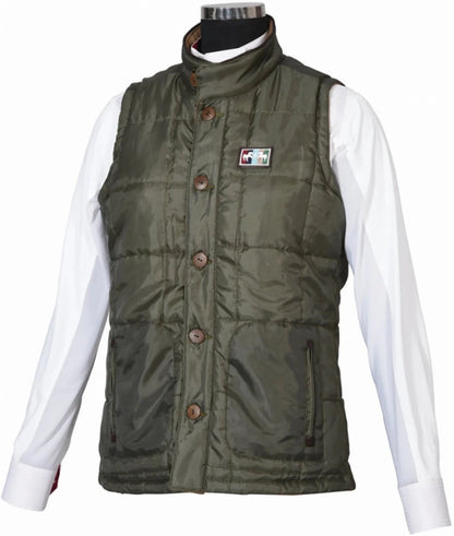 Equine Couture Ladies Finley Reversible Vest in olive with button closure styled over a white long sleeve shirt.