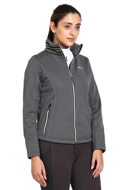 Woman wearing gray EQUINE COUTURE LADIES BECCA SOFT SHELL JACKET WITH FLEECE standing against white background