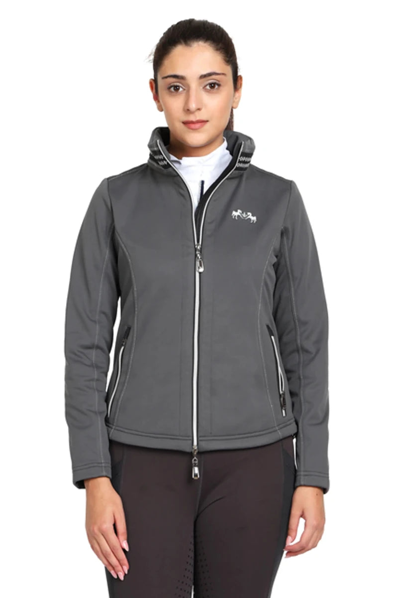 Woman wearing EQUINE COUTURE LADIES BECCA SOFT SHELL JACKET WITH FLEECE in gray with zip pockets and standing collar