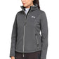 Woman wearing a grey EQUINE COUTURE LADIES BECCA SOFT SHELL JACKET WITH FLEECE with zipper and logo on chest
