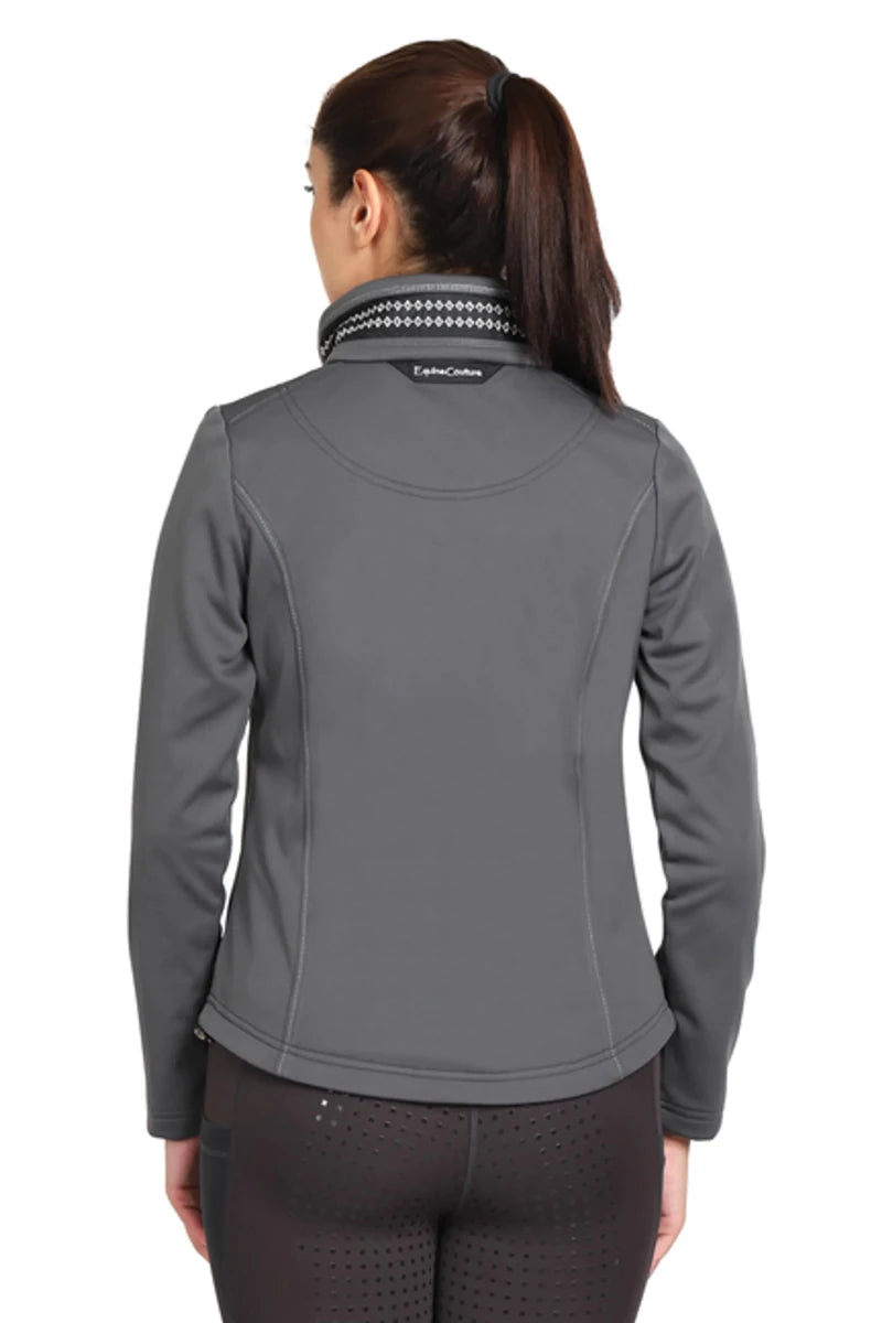 Woman wearing gray EQUINE COUTURE LADIES BECCA SOFT SHELL JACKET WITH FLEECE viewed from back