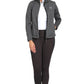 Model wearing EQUINE COUTURE LADIES BECCA SOFT SHELL JACKET WITH FLEECE in dark grey, styled for equestrian use.