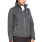 Woman wearing gray EQUINE COUTURE LADIES BECCA SOFT SHELL JACKET WITH FLEECE, standing against white background