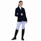 Woman wearing Equine Couture Ladies Oslo Show Coat - Lightweight Stretch Show Jacket for Equestrian Competition with white riding pants and black boots