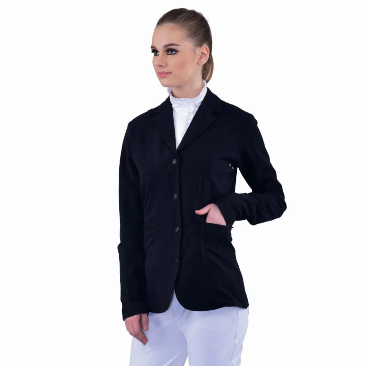 Woman wearing Equine Couture Ladies Oslo Show Coat - Lightweight Stretch Show Jacket for Equestrian Competition in black with white riding pants