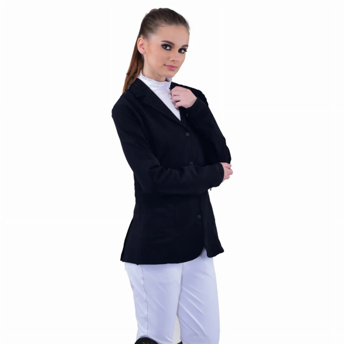 Woman wearing Equine Couture Ladies Oslo Show Coat - Lightweight Stretch Show Jacket for Equestrian Competition in black and white attire