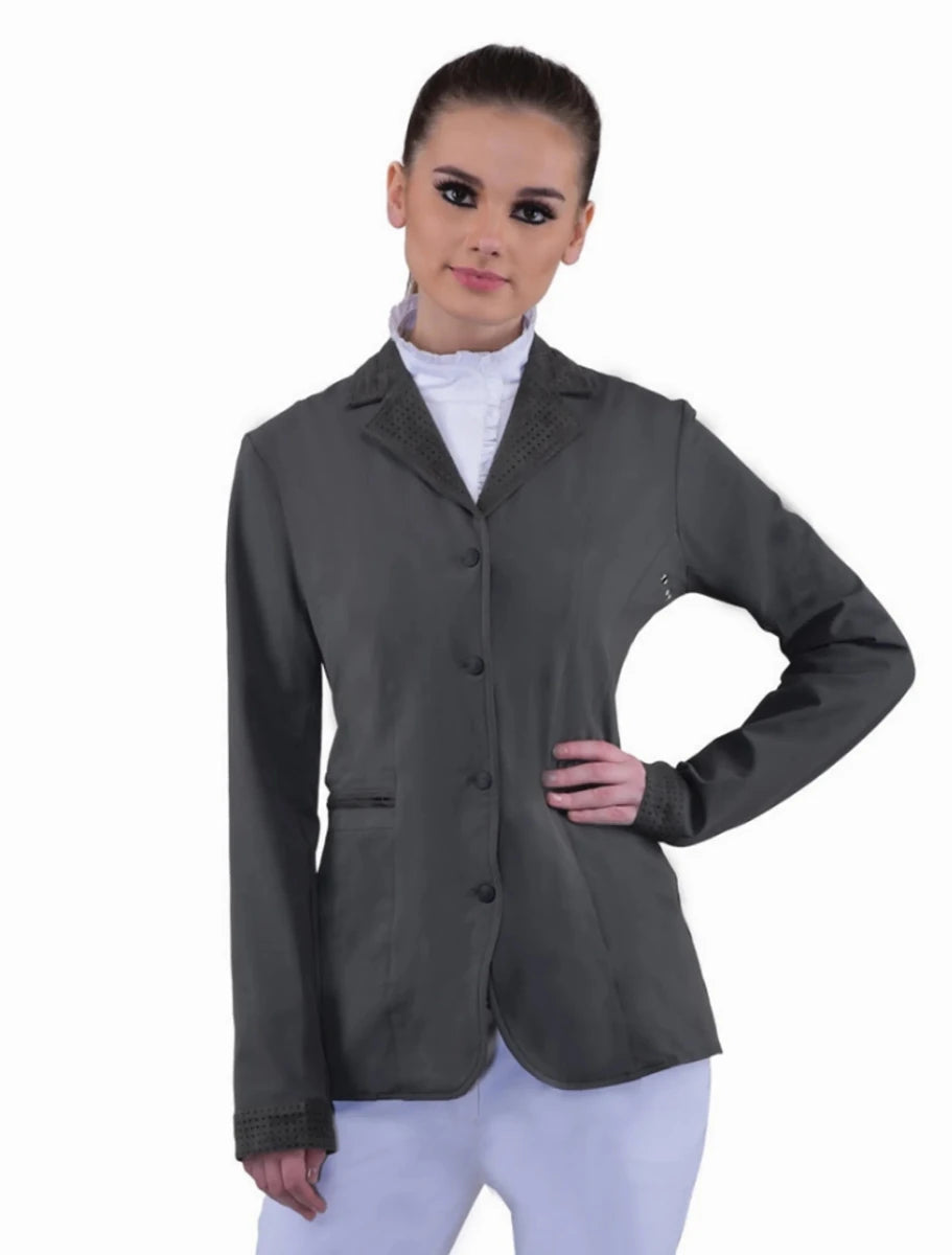 Woman wearing Equine Couture Ladies Oslo Show Coat - Lightweight Stretch Show Jacket for Equestrian Competition in dark gray with white shirt