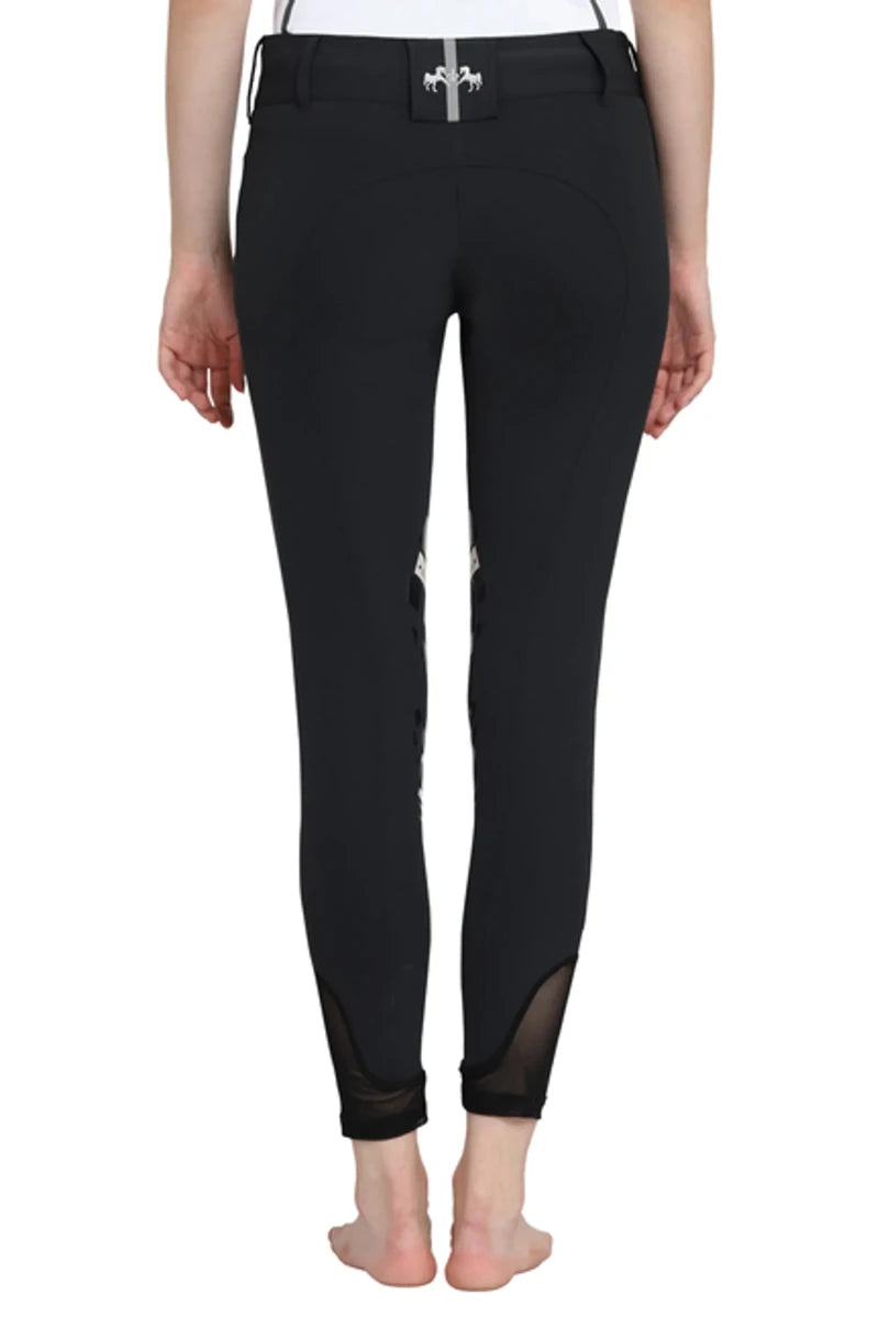 Rear view of black EQUINE COUTURE LADIES IBIZA KNEE PATCH BREECHES with knee patches and mesh ankle detailing.