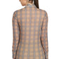 Woman wearing a fitted plaid Equine Couture Ladies Melanie Sport Shirt from the back, styled for equestrian activities.