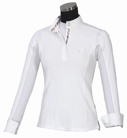 Equine Couture Cara Long Sleeve Show Shirt - Women's EquiCool Moisture Wicking Competition Shirt in white with striped collar detail