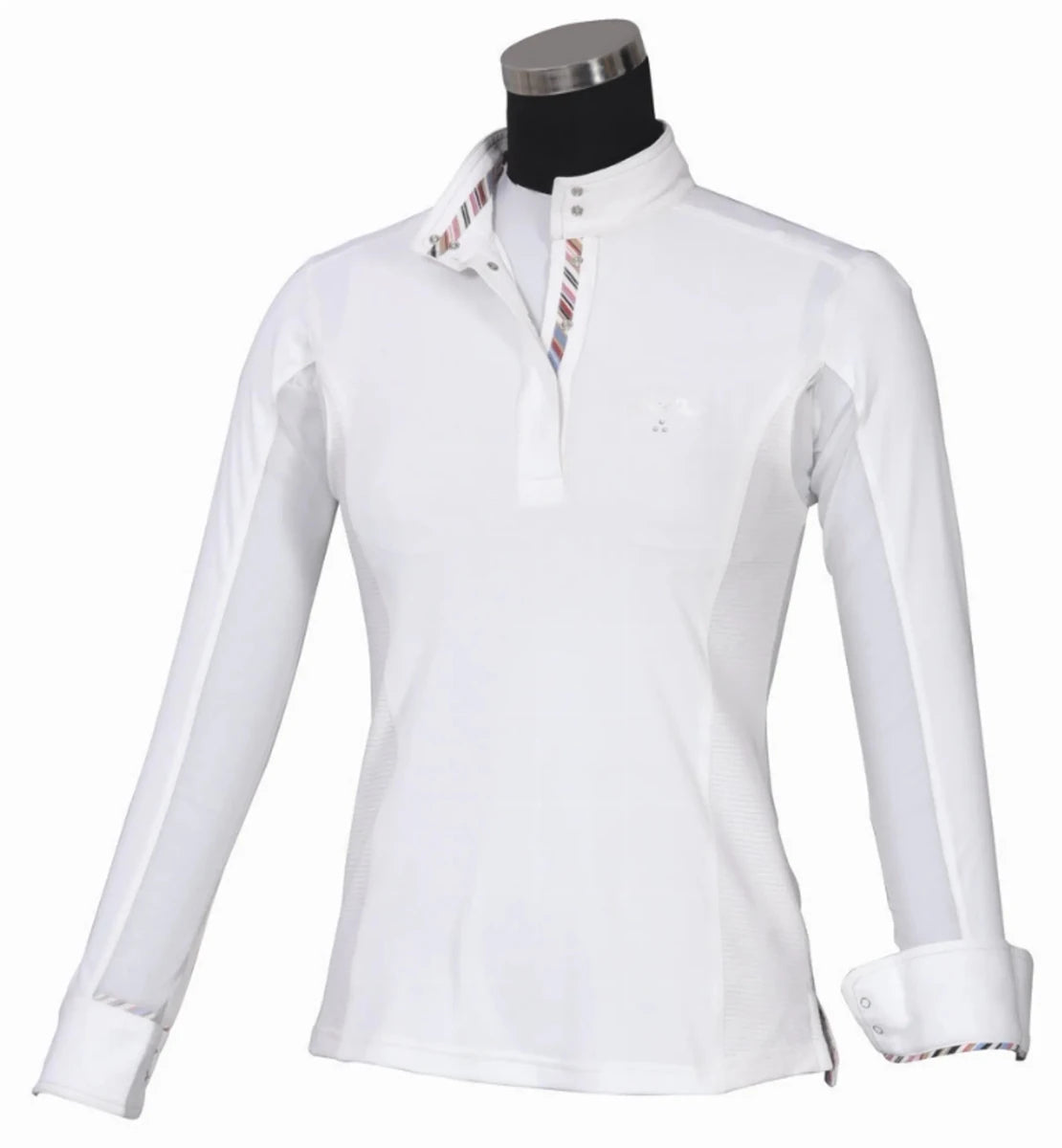 Equine Couture Cara Long Sleeve Show Shirt - Women's EquiCool Moisture Wicking Competition Shirt in white on mannequin