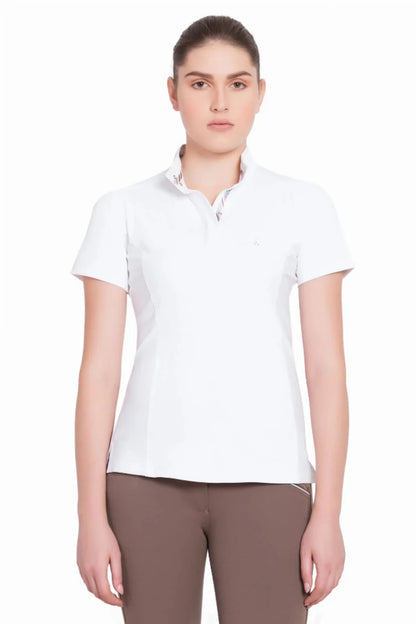 Woman wearing Women's Equestrian Show Shirt - Short Sleeve Competition Shirt with UV Protection & Moisture Wicking - Equine Couture Cara.