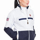 Model wearing the Equine Couture Ladies Marmara Rain Shell - Waterproof Breathable Riding Jacket with American Flag Emblem