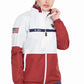 Woman wearing Equine Couture Ladies Marmara Rain Shell - Waterproof Breathable Riding Jacket with American Flag Emblem
