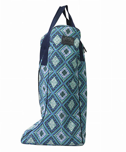 Equine Couture Artemis Boot Bag - Water Resistant Riding Boot Carrier with Double Handles in blue patterned fabric