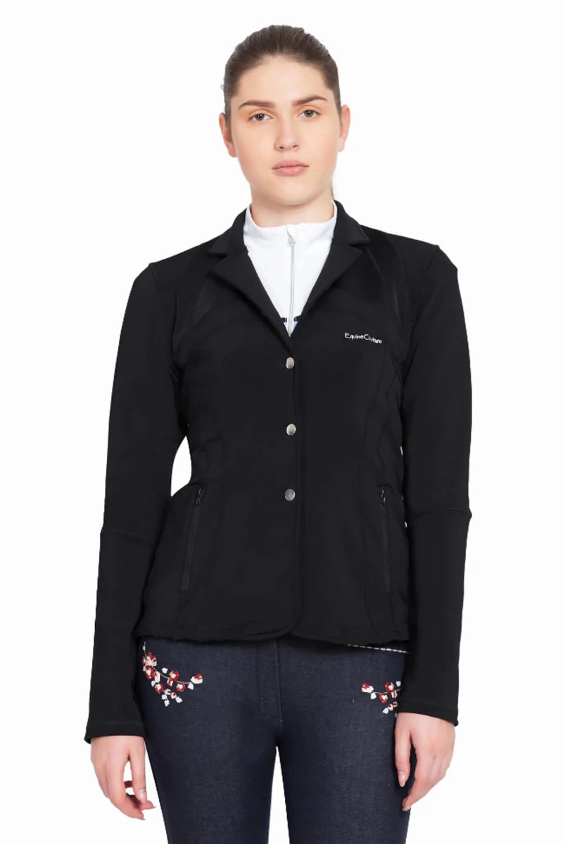 Woman wearing Equine Couture Lacey Ultra Light Show Coat - Women's Breathable Competition Jacket in black.
