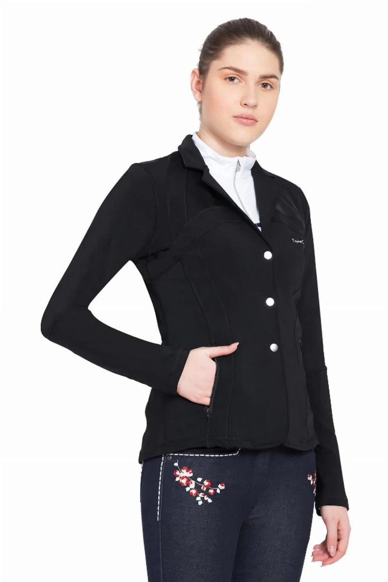 Woman modeling Equine Couture Lacey Ultra Light Show Coat - Women's Breathable Competition Jacket in black with hand in pocket