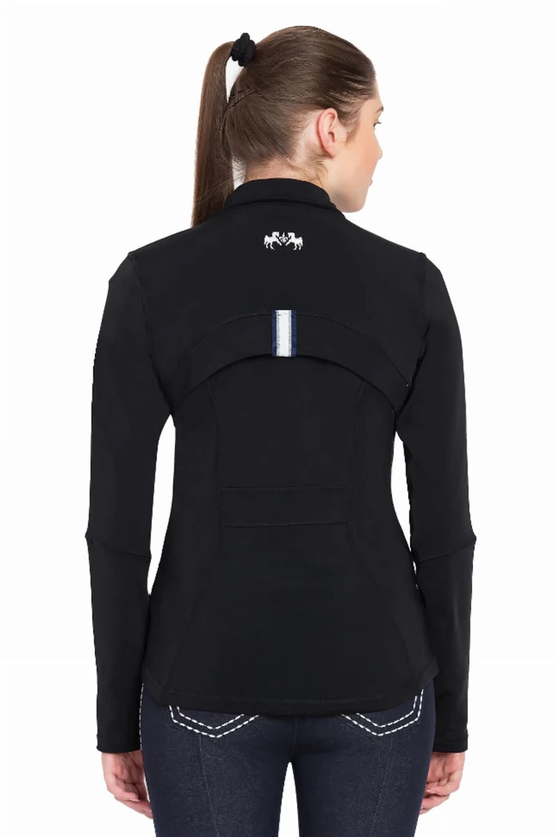 Rear view of woman wearing Equine Couture Lacey Ultra Light Show Coat - Women's Breathable Competition Jacket in black