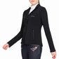 Woman wearing Equine Couture Lacey Ultra Light Show Coat - Women's Breathable Competition Jacket in black with floral embroidered riding pants.