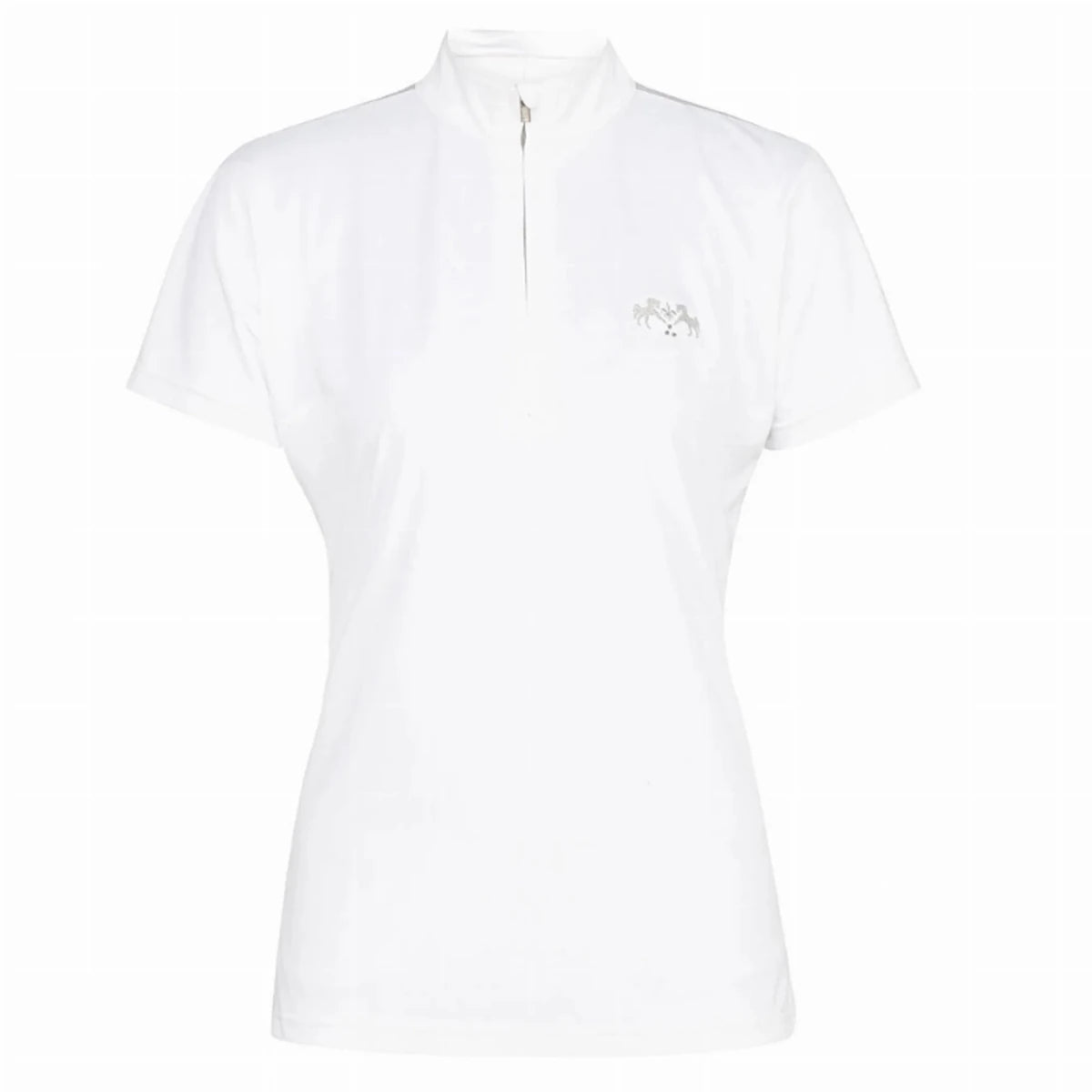 Women's Show Shirt - Moisture-Wicking Short Sleeve Competition Shirt in white with zip-up collar and subtle logo detail