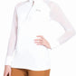 Woman wearing white Equine Couture Erna EquiCool Long Sleeve Sport Shirt - Women's UPF 50+ Sun Protection Shirt with brown riding pants