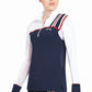 Model wearing Equine Couture Ladies Nicole EquiCool Long Sleeve Sport Shirt in navy and white with red and blue stripes