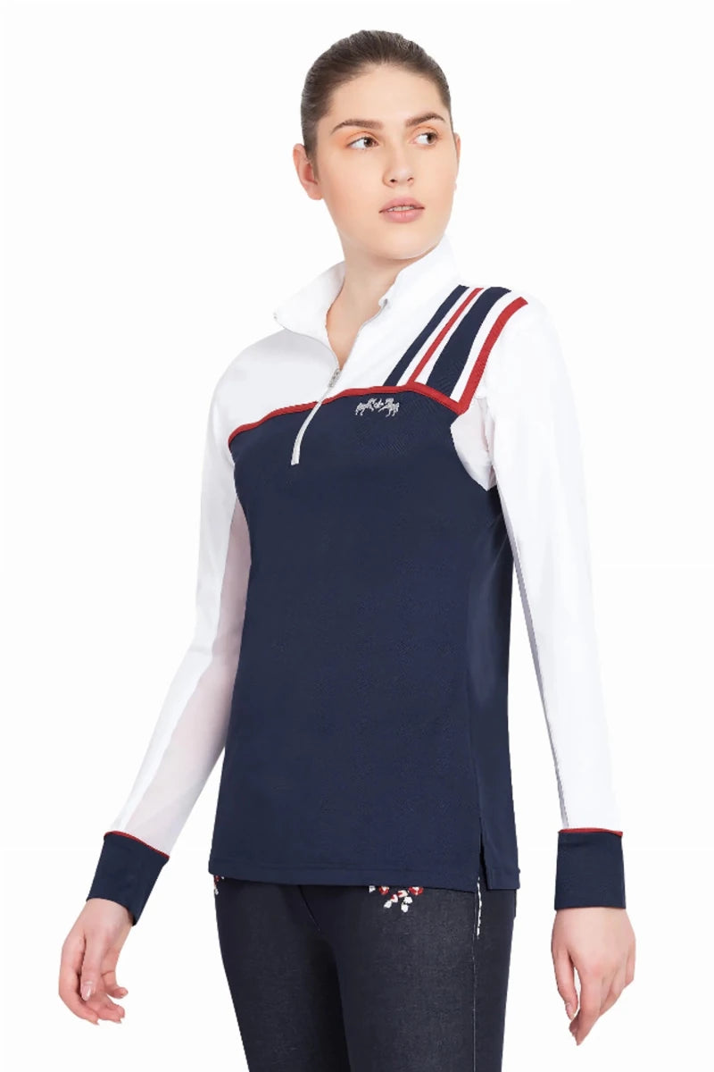 Woman wearing Equine Couture Ladies Nicole EquiCool Long Sleeve Sport Shirt in navy and white with red stripes, looking sideways.