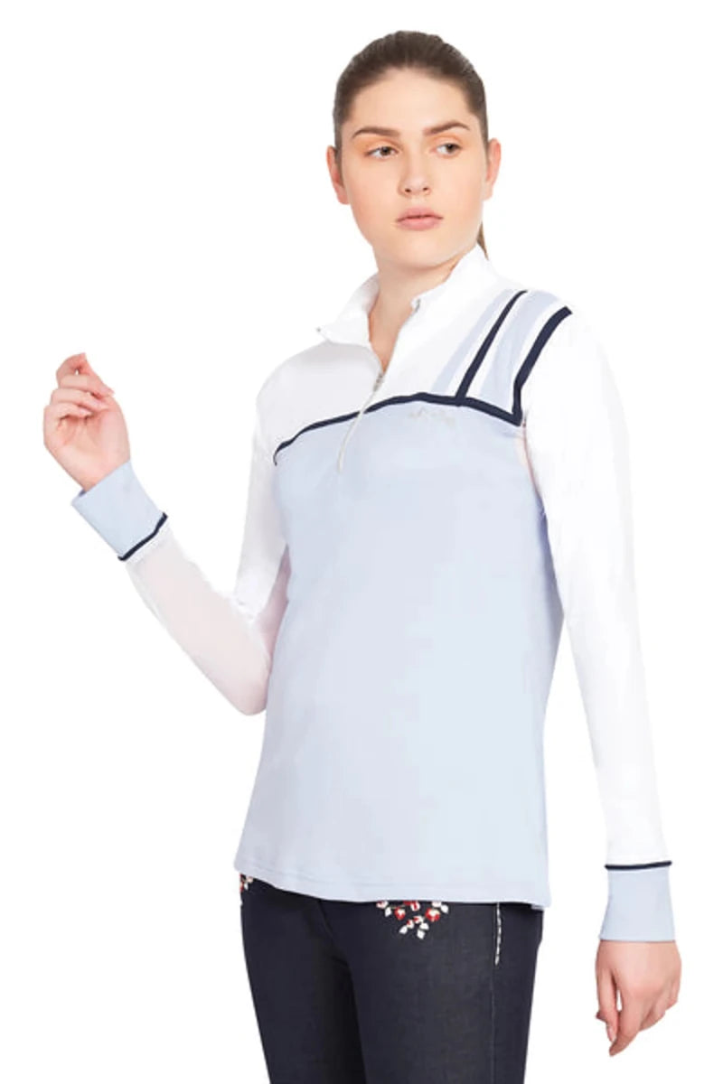Woman modeling Equine Couture Ladies Nicole EquiCool Long Sleeve Sport Shirt in light blue and white with dark trim details