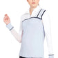 Woman wearing Equine Couture Ladies Nicole EquiCool Long Sleeve Sport Shirt in light blue and white with navy trim.