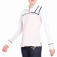 Woman wearing Equine Couture Ladies Nicole EquiCool Long Sleeve Sport Shirt in light pink and white with navy trim, modeling sport shirt.