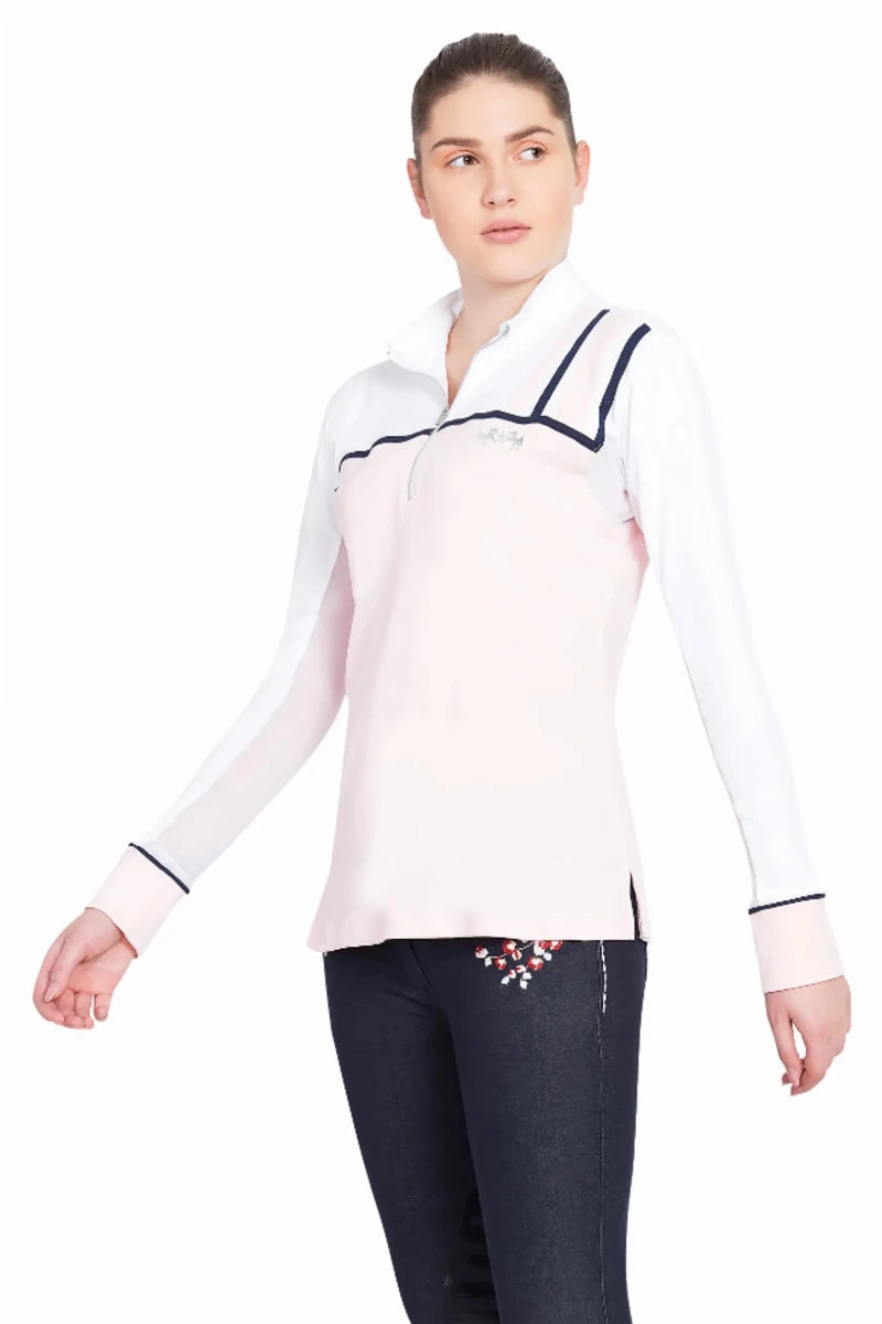 Woman wearing Equine Couture Ladies Nicole EquiCool Long Sleeve Sport Shirt in light pink and white with navy trim, modeling sport shirt.