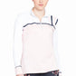 Woman wearing Equine Couture Ladies Nicole EquiCool Long Sleeve Sport Shirt in light pink and white with navy trim.