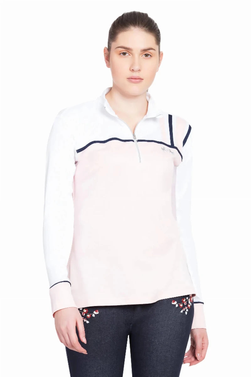 Woman wearing Equine Couture Ladies Nicole EquiCool Long Sleeve Sport Shirt in light pink and white with navy trim.