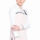 Woman wearing Equine Couture Ladies Nicole EquiCool Long Sleeve Sport Shirt in soft pink and white with navy details.