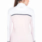 Back view of a woman wearing an Equine Couture Ladies Nicole EquiCool Long Sleeve Sport Shirt in light pink and white.