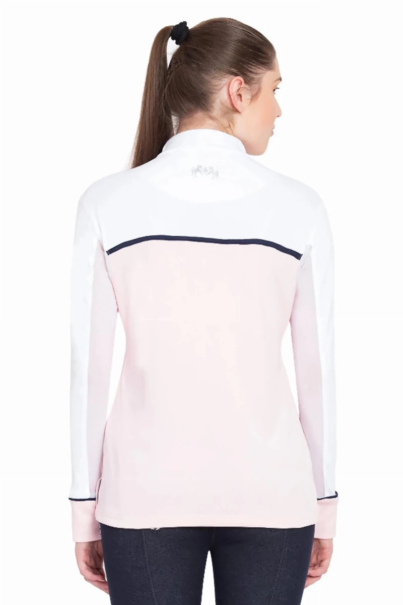 Back view of a woman wearing an Equine Couture Ladies Nicole EquiCool Long Sleeve Sport Shirt in light pink and white.