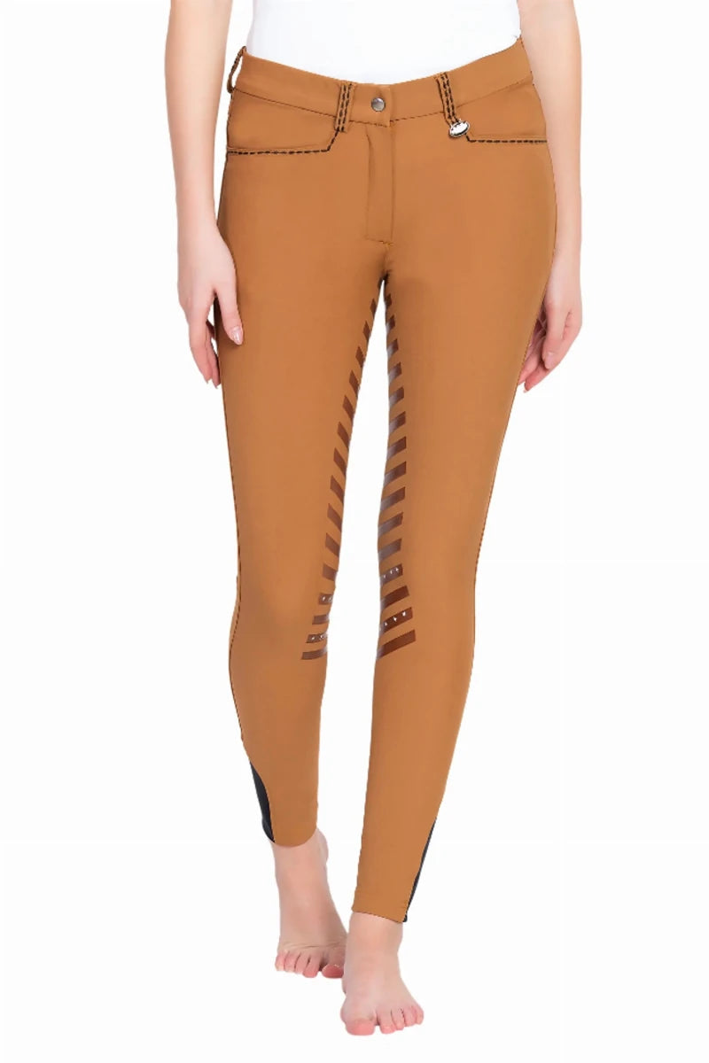 Equine Couture Ladies Nora Extended Knee Patch Breeches - Bamboo Cotton Full Leg Silicone Grip Riding Pants in tan color modeled barefoot