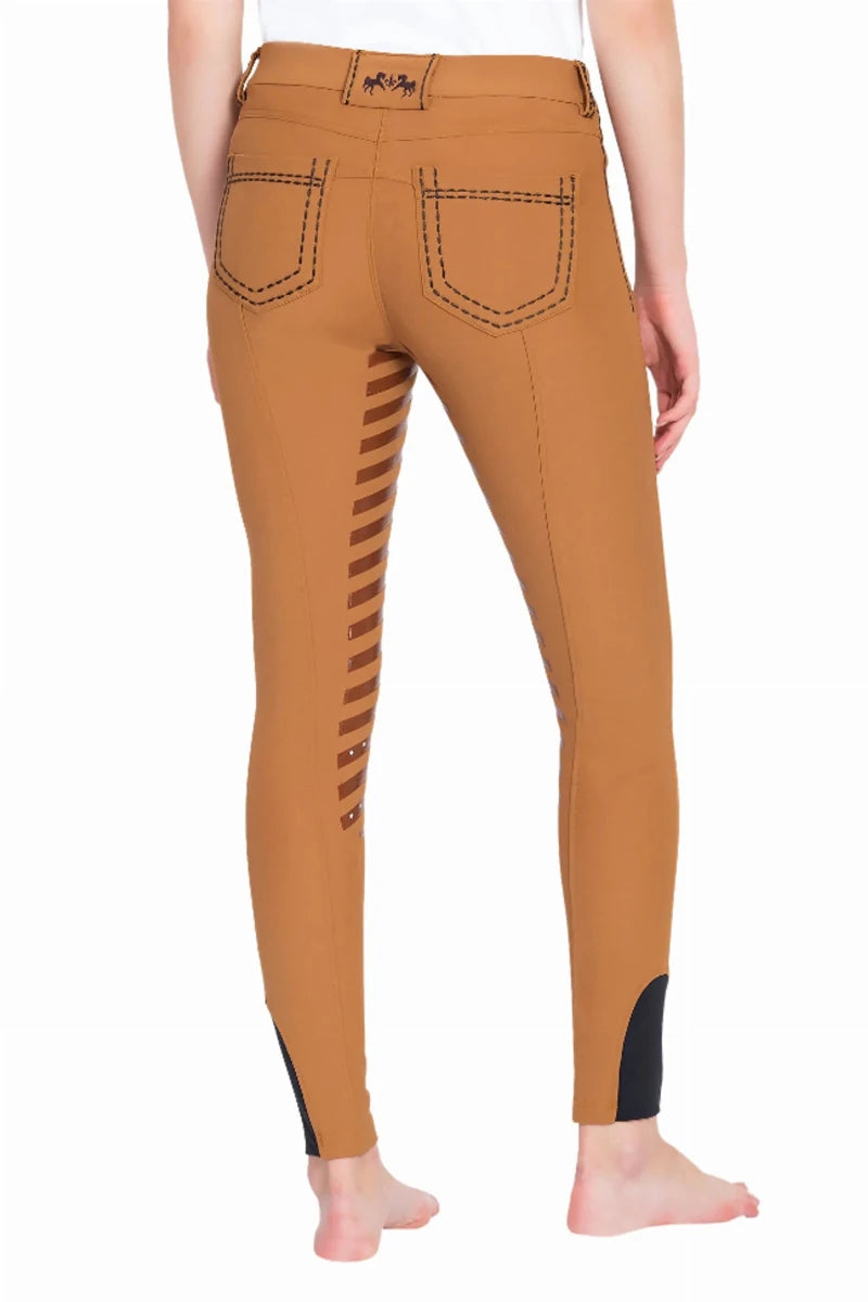 Equine Couture Ladies Nora Extended Knee Patch Breeches - Bamboo Cotton Full Leg Silicone Grip Riding Pants in tan back view