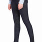 Model wearing Equine Couture Alice Denim Embroidered Breeches - Women's Riding Jeans with Silicone Patches in dark blue denim