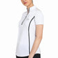 Woman wearing white EQUINE COUTURE LADIES IBIZA SPORT SHIRT with black accents standing against white background