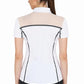 Rear view of a woman wearing a white EQUINE COUTURE LADIES IBIZA SPORT SHIRT with black trim and mesh yoke panel