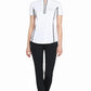 Woman wearing EQUINE COUTURE LADIES IBIZA SPORT SHIRT in white with black accents, paired with black leggings.