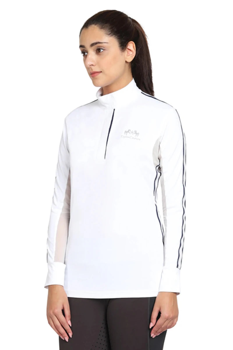 Woman wearing a white EQUINE COUTURE LADIES ELIANA LONG SLEEVE SHOW SHIRT with black stripe details on sleeves