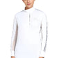 Woman wearing EQUINE COUTURE LADIES ELIANA LONG SLEEVE SHOW SHIRT in white with zipper and stripe detail on sleeves