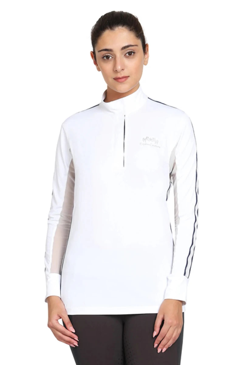 Woman wearing EQUINE COUTURE LADIES ELIANA LONG SLEEVE SHOW SHIRT in white with zipper and stripe detail on sleeves