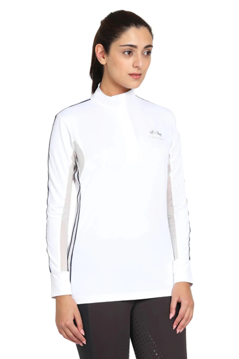 Woman wearing a white EQUINE COUTURE LADIES ELIANA LONG SLEEVE SHOW SHIRT with subtle side panel details