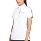 Woman wearing a white EQUINE COUTURE LADIES ELIANA SHORT SLEEVE SHOW SHIRT with black pants in a studio setting