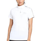 Woman wearing EQUINE COUTURE LADIES ELIANA SHORT SLEEVE SHOW SHIRT in white with black piping detail.
